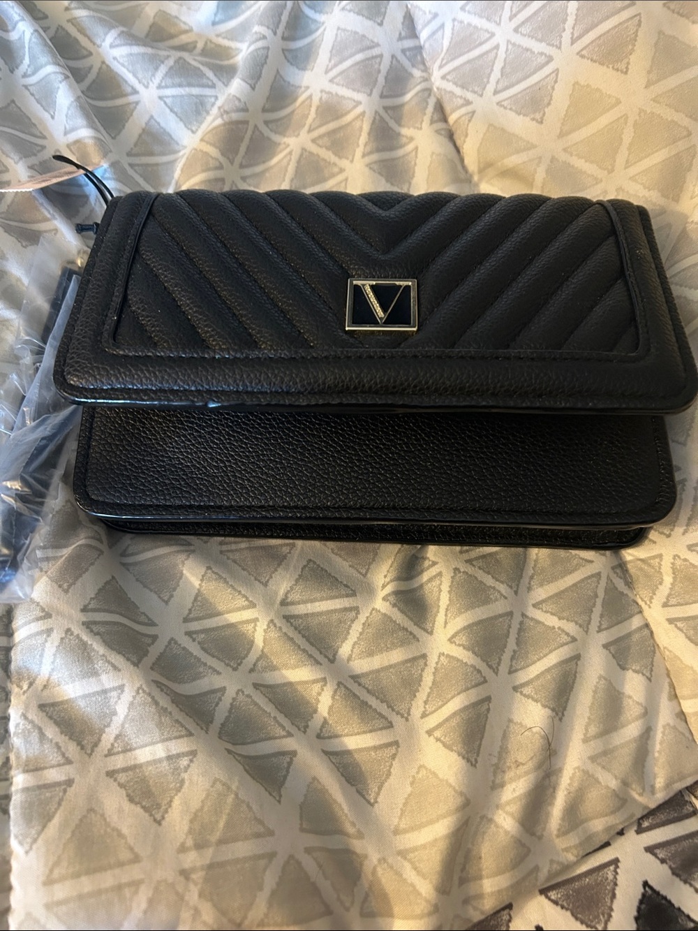 Black Quilted Crossbody Wallet with V Logo Hardware